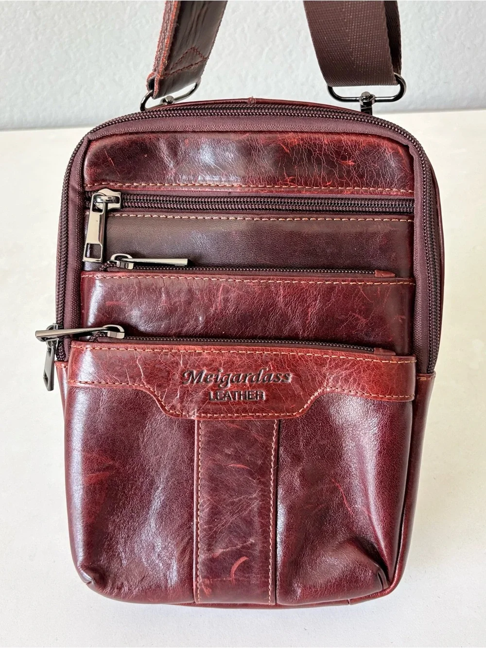Meigardass Brown Leather Crossbody Travel Bag Sling Messenger Bag Men Women 9x6”
